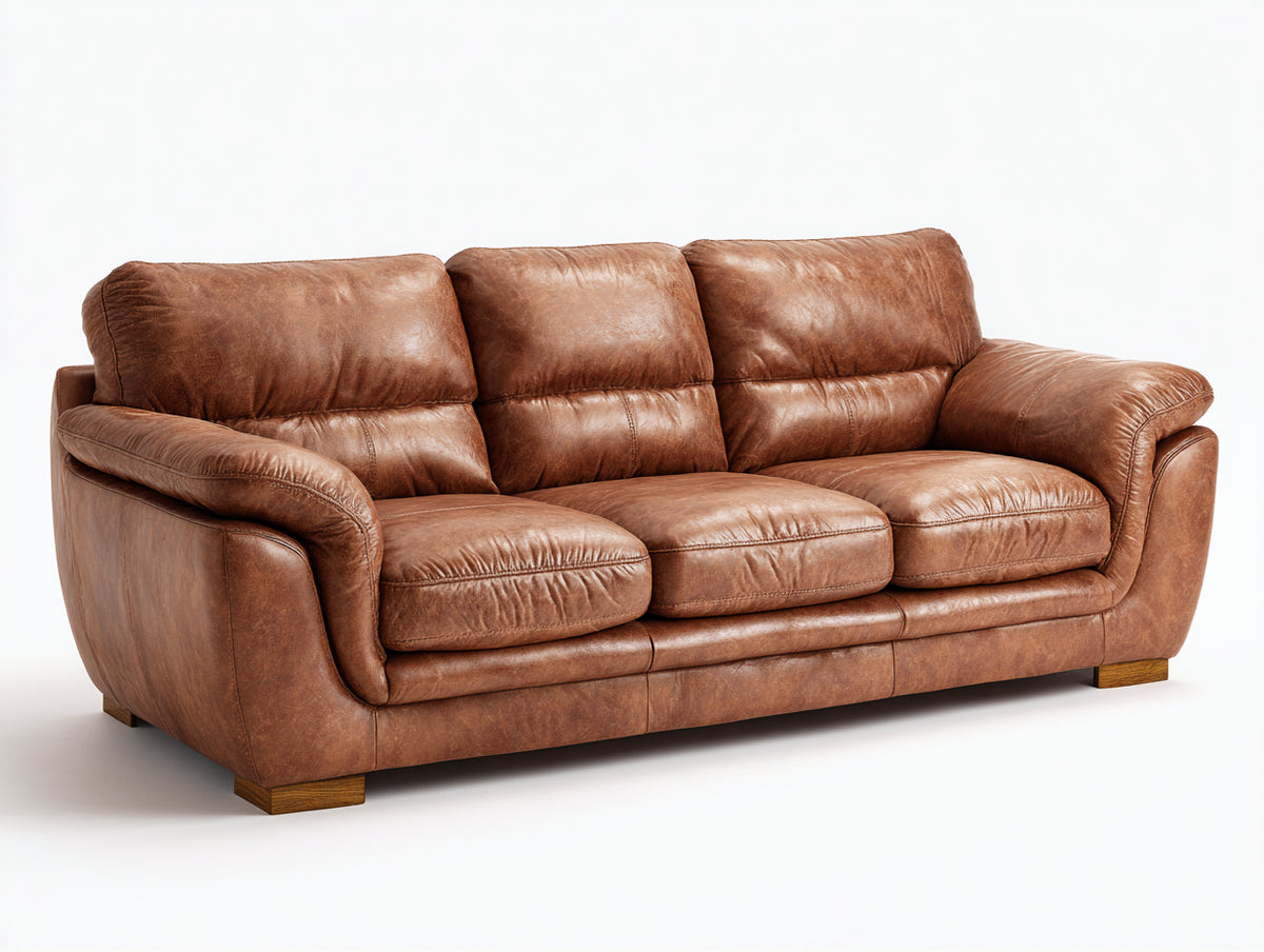 Gerades Sofa Kunstleder 220x92x90 cm - Braun-Holzbraun - 3-Sitzer Wohnzimmersofa mit gepolsterten Armlehnen für Wohnzimmer