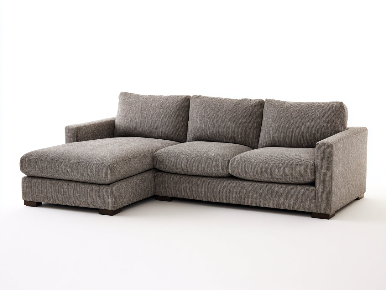 Ecksofa aus Strukturstoff 260x160x82 cm - Taupe und Dunkelbraun - mit Ottomane und breiten Armlehnen