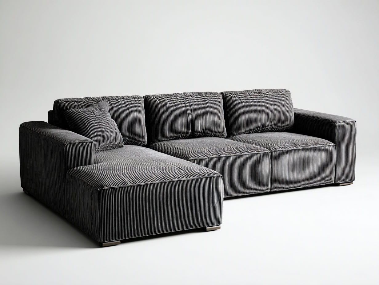 Ecksofa aus Cordstoff 280x170x85 cm - Dunkelgrau - mit Ottomane und breiten Armlehnen