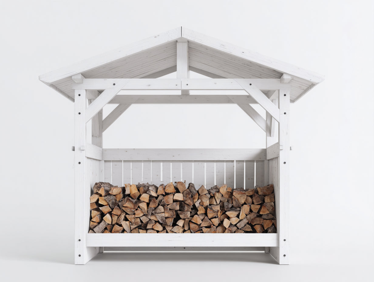 Kaminholzregal Holz 150x60x170 cm - Weiß - mit Satteldach für Außenbereich