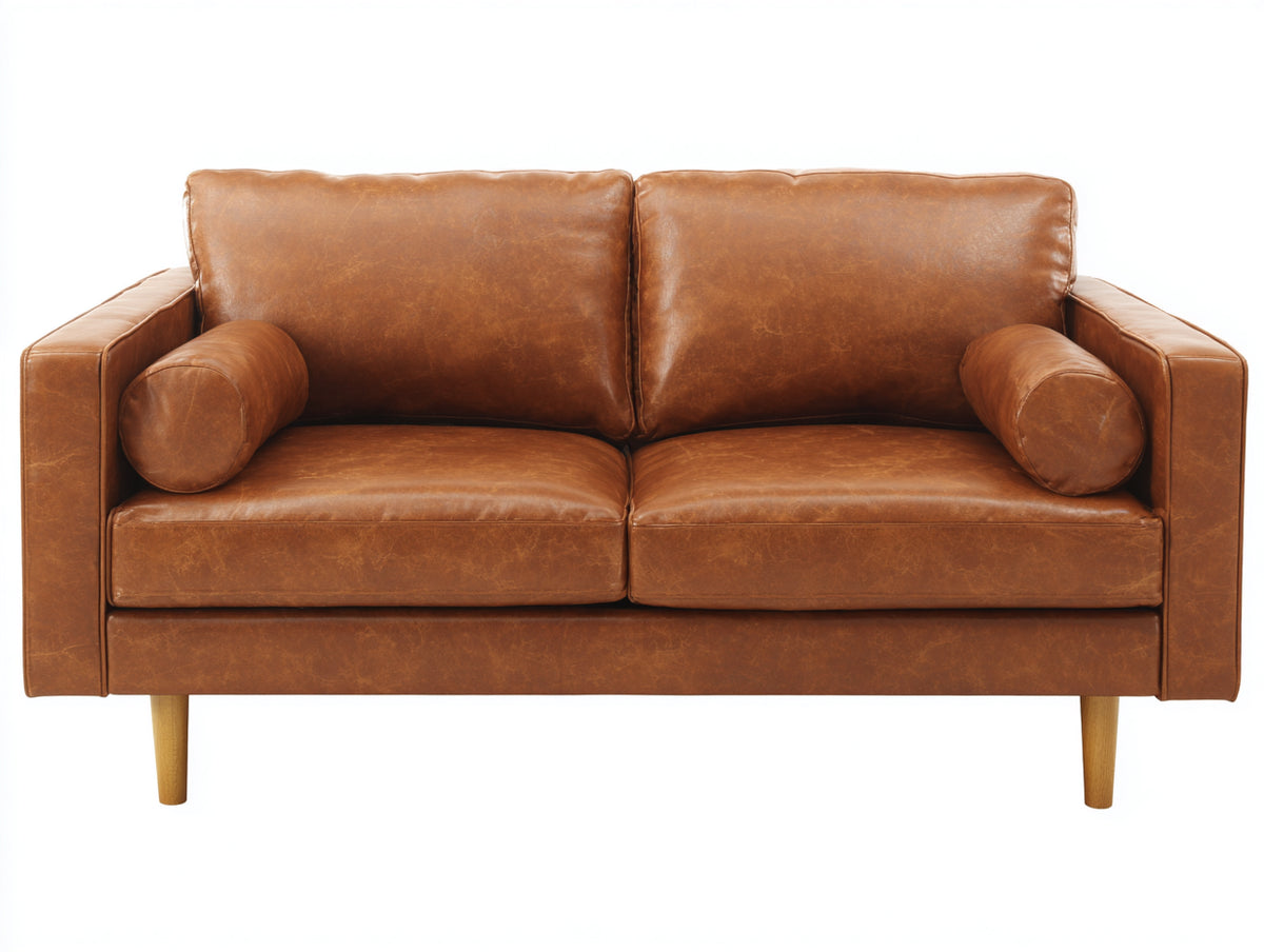 Gerades Sofa mit Kunstlederbezug 190x88x86 cm - Cognacbraun und Naturfarben - 2-Sitzer im modernen Vintage-Stil