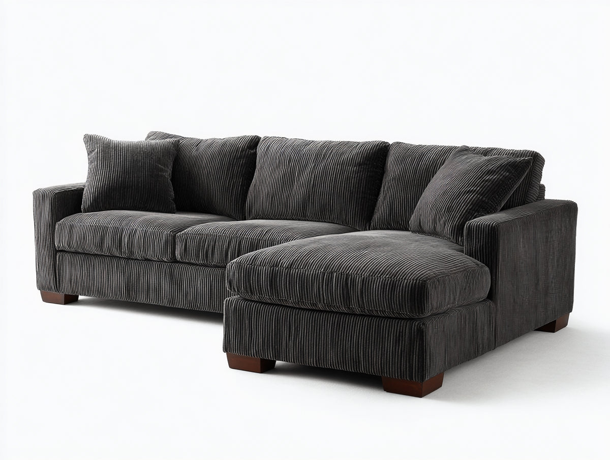 Ecksofa aus Cordstoff 300x180x84 cm - Anthrazit und Braun - mit Ottomane und breiten Armlehnen