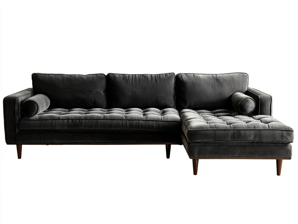 Ecksofa aus Cordstoff 285x175x82 cm - Dunkelgrau und Braun - mit Ottomane und gestepptem Sitz