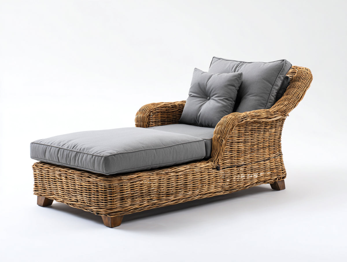 Sonnenliege aus Rattangeflecht 190 x 90 x 95 cm - Naturfarben und Grau - Geschwungenes Design für Garten und Terrasse