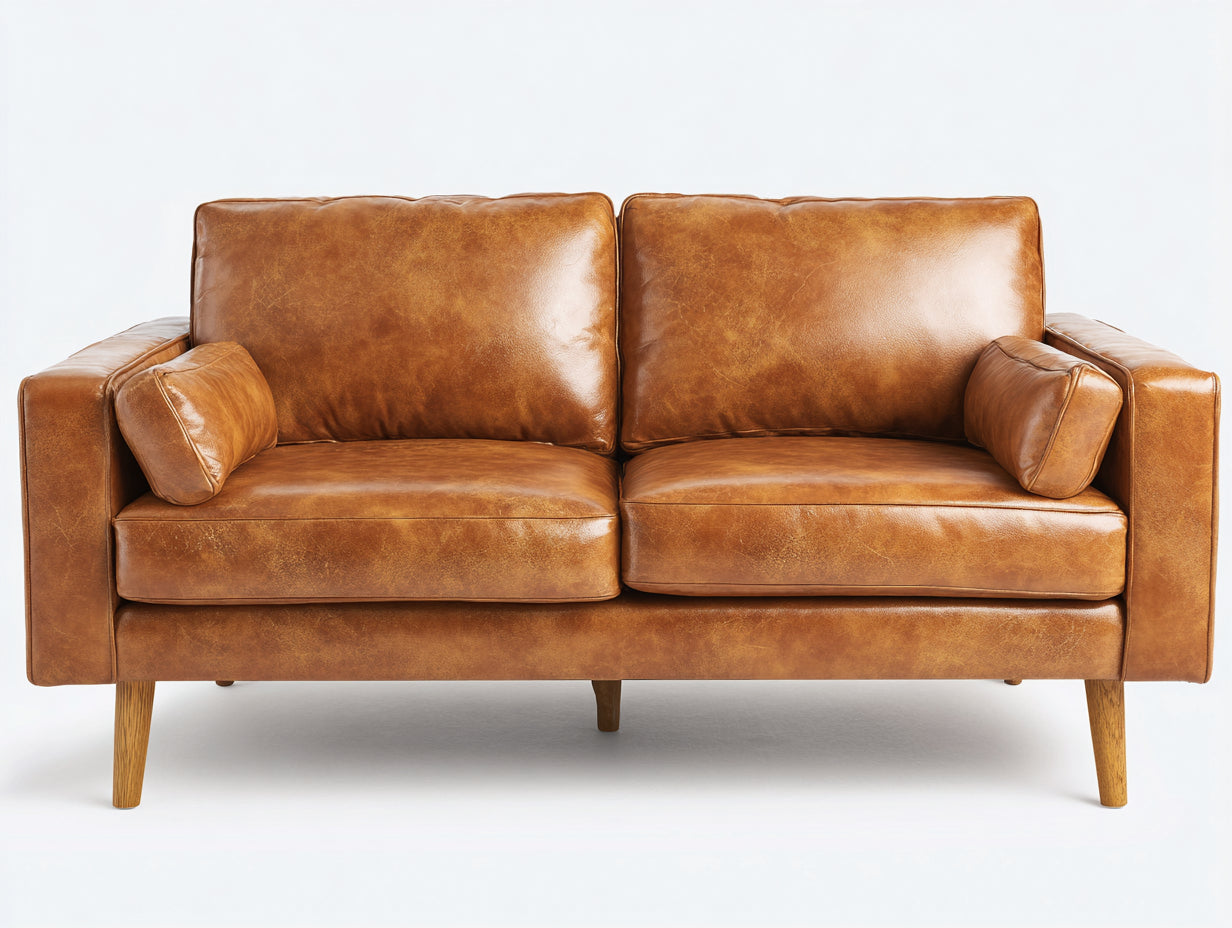 Gerades Sofa 2 Sitzer in Lederoptik 190x88x86 cm - Cognacbraun und Holzbraun - mit breiten Armlehnen