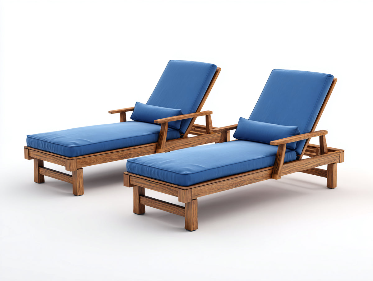 2er Set Sonnenliege aus Holz 198x68x86 cm - Braun-Blau - verstellbare Rückenlehne für Garten und Terrasse
