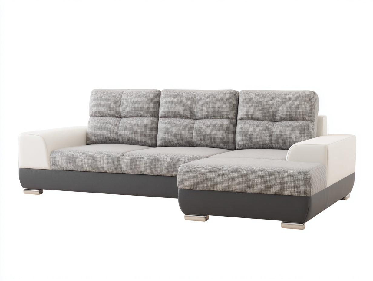 Ecksofa aus Strukturstoff und Kunstleder 270 x 170 x 90 cm - Hellgrau Weiß Dunkelgrau - Modernes Polsterdesign mit Chaiselongue für das Wohnzimmer