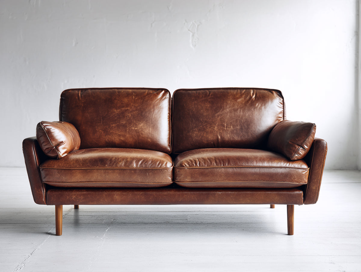Gerades Sofa Kunstleder 190x88x84 cm - Braun-Holzbraun - 2-Sitzer Wohnzimmersofa im Vintage-Stil für Wohnzimmer