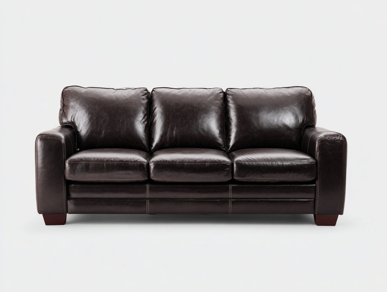 Gerades Sofa Kunstleder 210x90x88 cm - Dunkelbraun-Holzbraun - 3-Sitzer Wohnzimmersofa mit breiten Armlehnen für Wohnzimmer