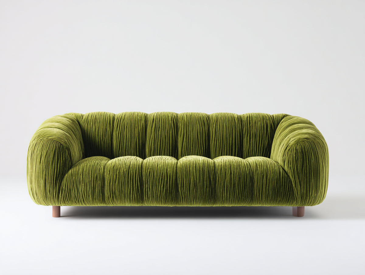 Gerades Sofa 3 Sitzer aus Samtstoff 230x95x78 cm - Olivgrün und Holzbraun - mit gerundeten Armlehnen
