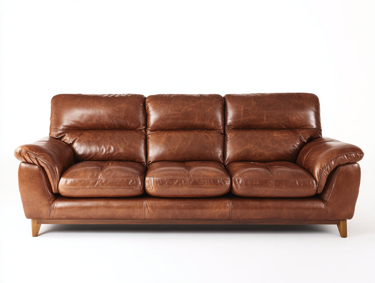 Gerades Sofa 3 Sitzer in Lederoptik 225x92x90 cm - Cognacbraun und Holzbraun - mit breiten Armlehnen