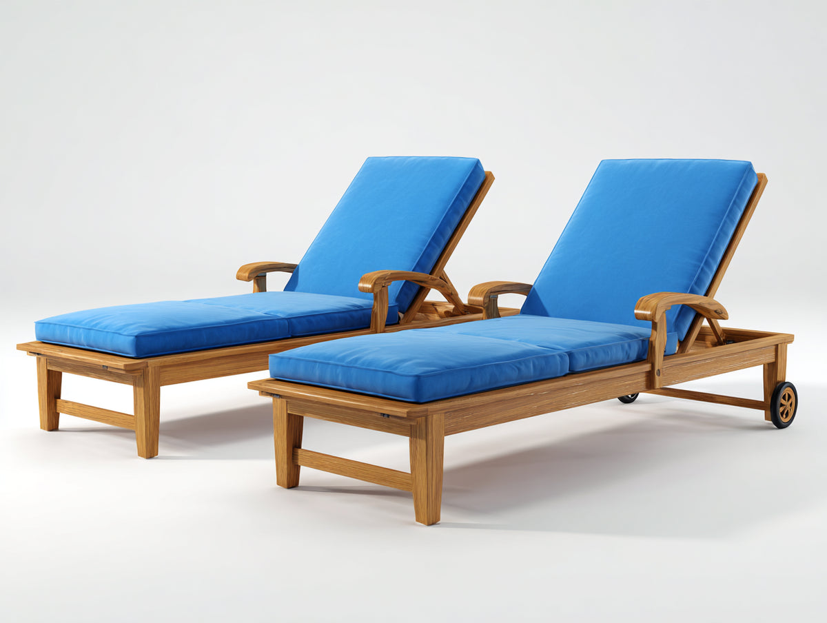 Sonnenliege 2er Set Holz 200x70x90 cm - Natur und Blau - mit Rollen und Armlehnen
