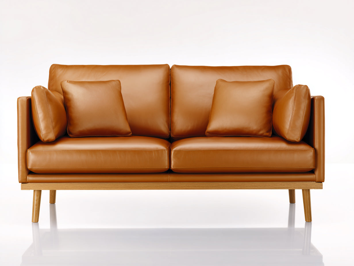 Gerades Sofa 2 Sitzer Lederoptik 210x88x82 cm - Cognac-Naturholz - modernes Design mit Holzbeinen