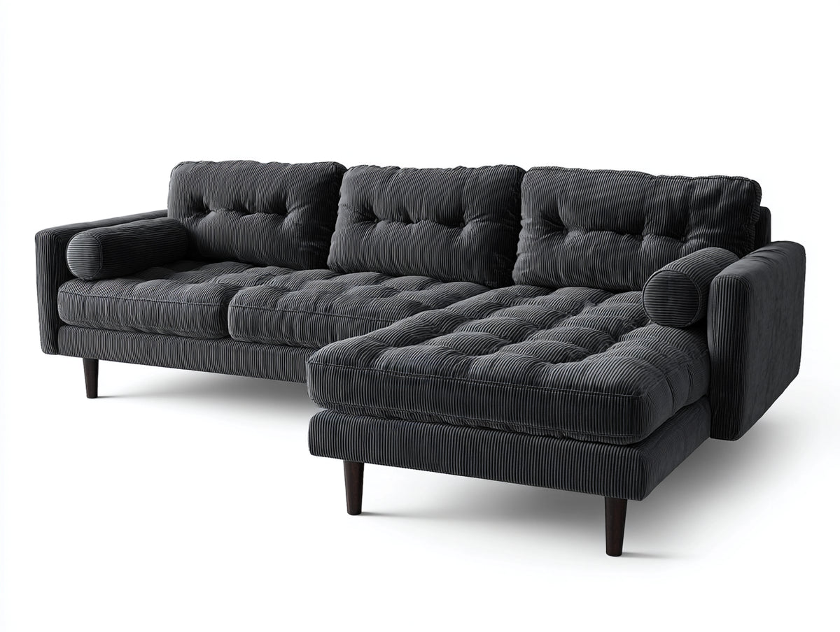 Ecksofa Cordstoff 300x180x82 cm - Dunkelgrau-Schwarz - modernes Loungedesign mit Steppung