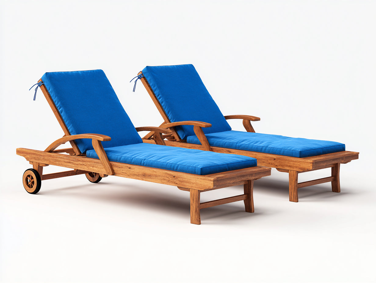 2er Set Sonnenliege aus Holz 200x70x85 cm - Braun-Blau - mit Rollen und verstellbarer Rückenlehne für Garten